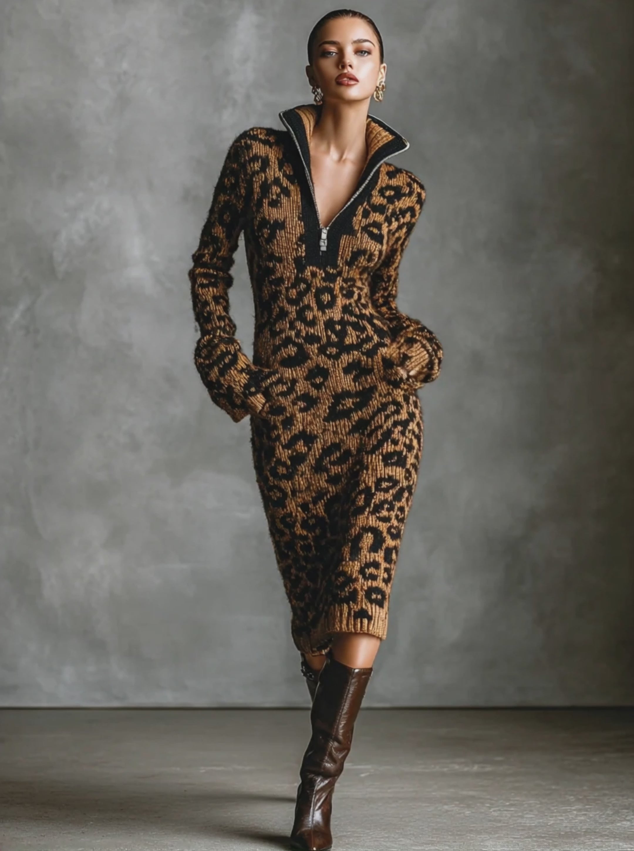 Women's Fashion Leopard Jacquard Knit Zipper Neck Midi Dress MDA2579H3Y